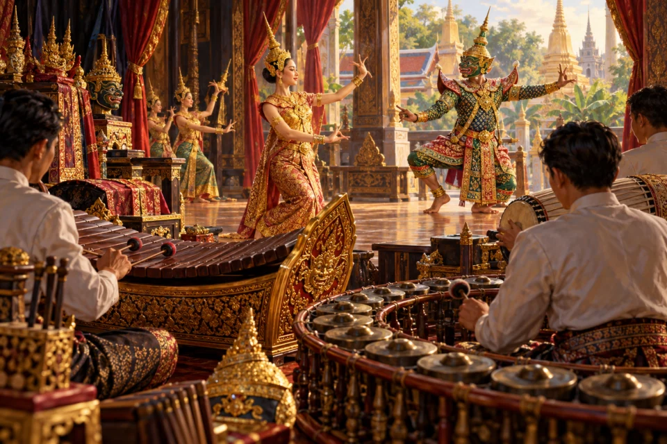 เสียงและท่ารำ · ดนตรีไทยและโขน