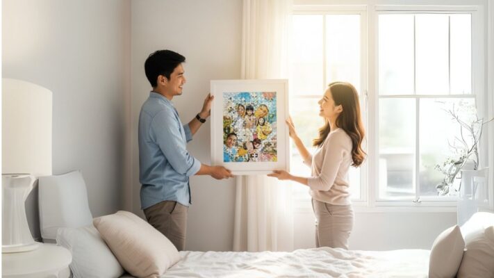 a man and woman holding a picture