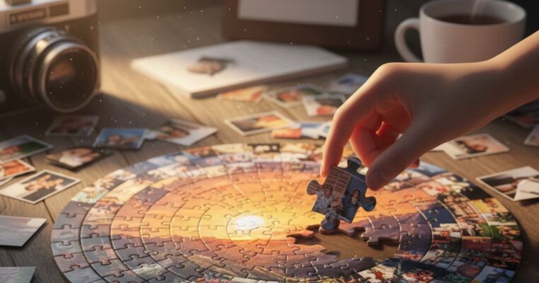 มือวางจิ๊กซอว์โมเสคที่มีภาพอัดรูปเล็กๆ รวมกันอยู่